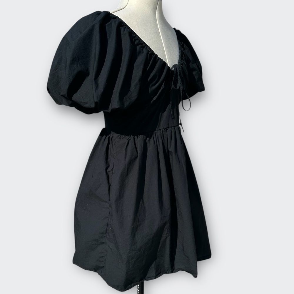 A NEW DAY Black Puff Sleeve Mini Dress Ruched Goth Whimsigoth Boho Coquette S - Picture 6 of 13